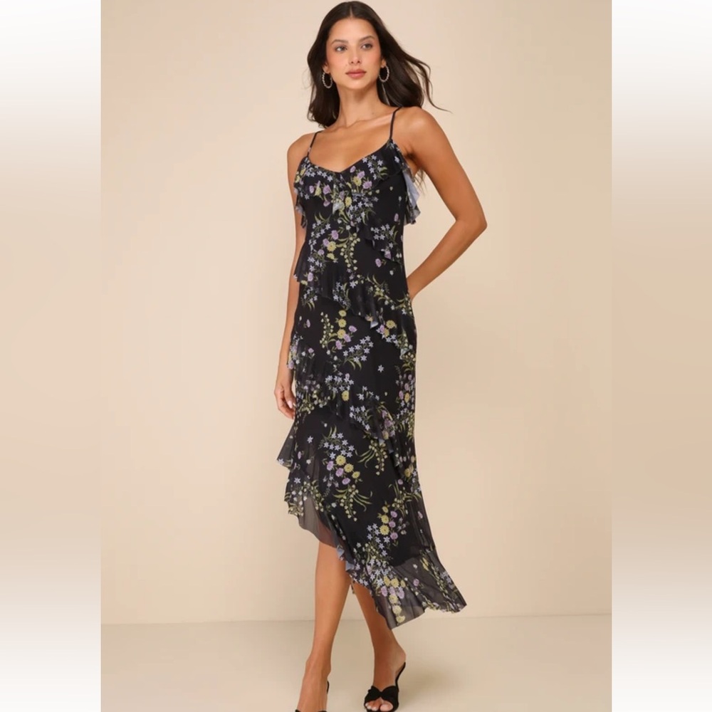 NWT Steve Madden Aida Black Floral Mesh Asymmetrical Ruffled Midi Dress Sz Large